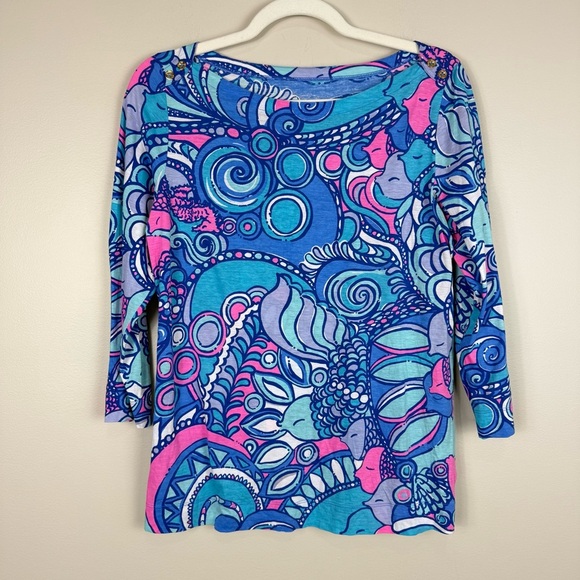 Lilly Pulitzer Alida Boatneck Sea Jewels Top Womens Medium Preppy Pink Blue - Picture 6 of 7